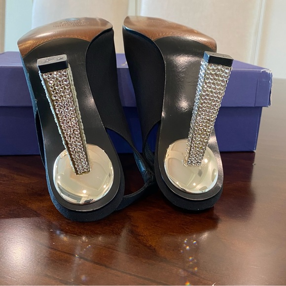 Stuart Weitzman Black Satin Slingbacks with Crystal Rhinestone Studded Heels - Picture 12 of 15